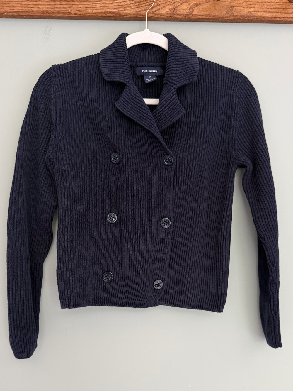 VTG The Limited Navy 100% Cotton Double Breasted Knit Cardigan Jacket Nautical